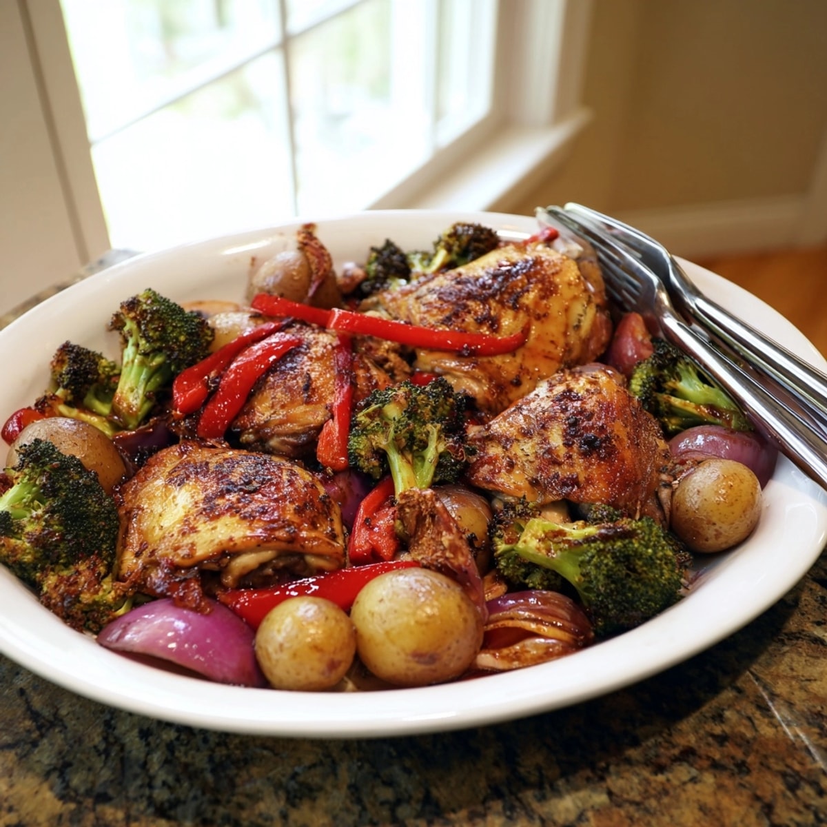 Oven-roasted honey lemon chicken thighs nestled among vibrant vegetables on a rustic sheet pan.
