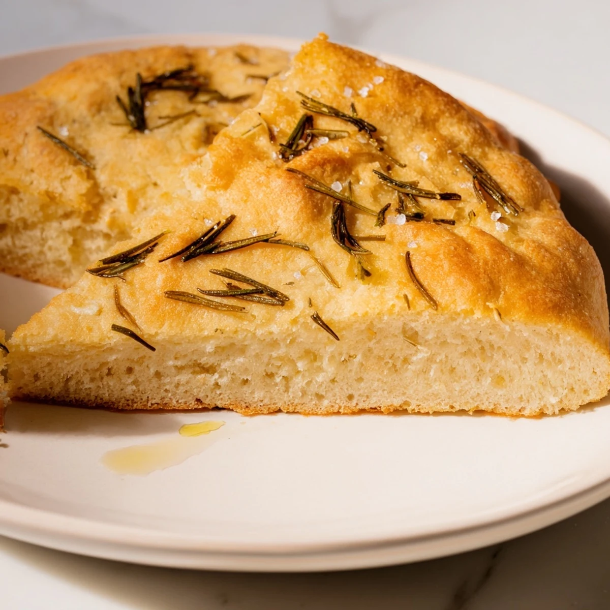 A close-up view of a rustic, golden Yeast-Free Garlic and Rosemary Bannock Bread, hinting at a delicious savory flavor.