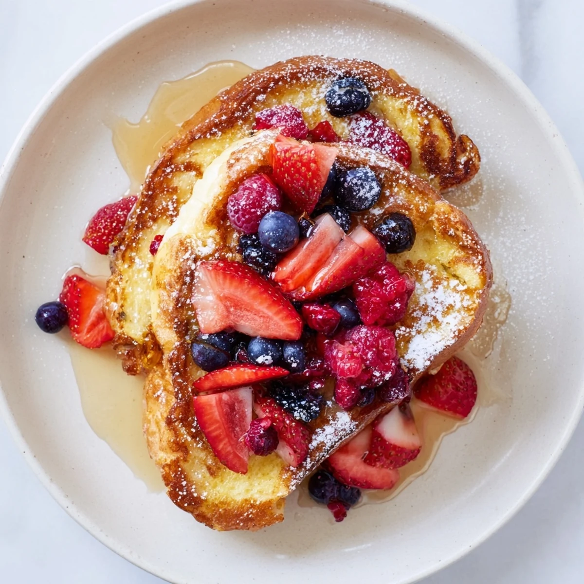 Golden French toast with berries and maple syrup, a delightful sweet breakfast, ready to eat.