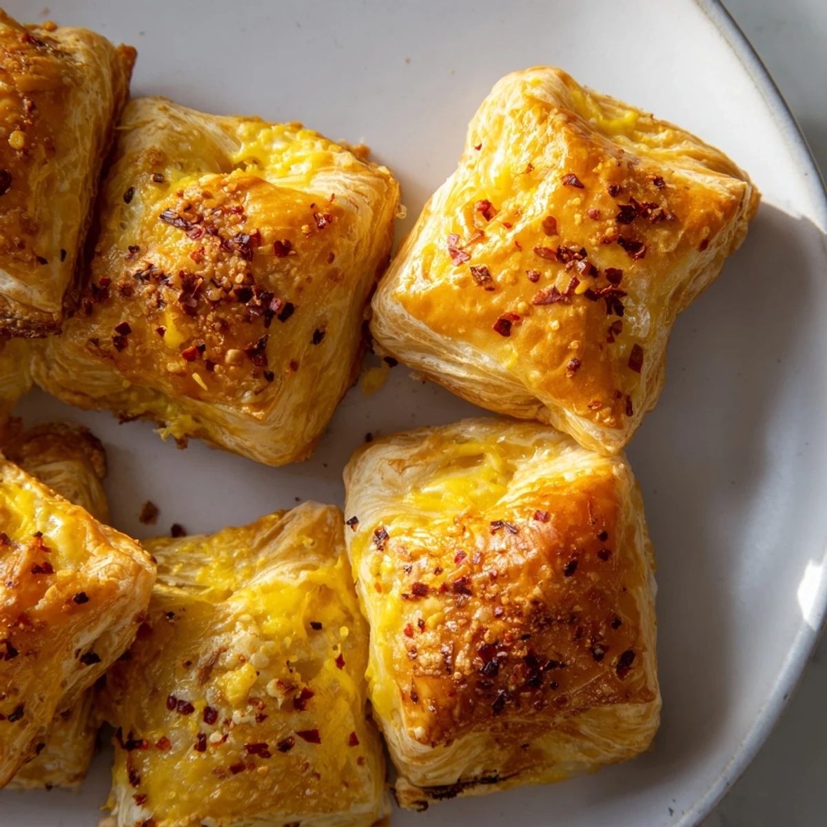Golden, flaky Cheese and Spice Puff Pastry Bites, fresh from the oven, ready to enjoy as appetizers.