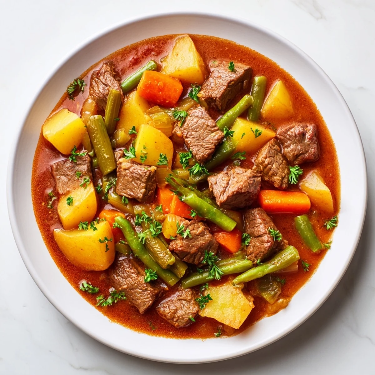 Steaming hot beef and vegetable stew in a pressure cooker with carrots and tender beef chunks.