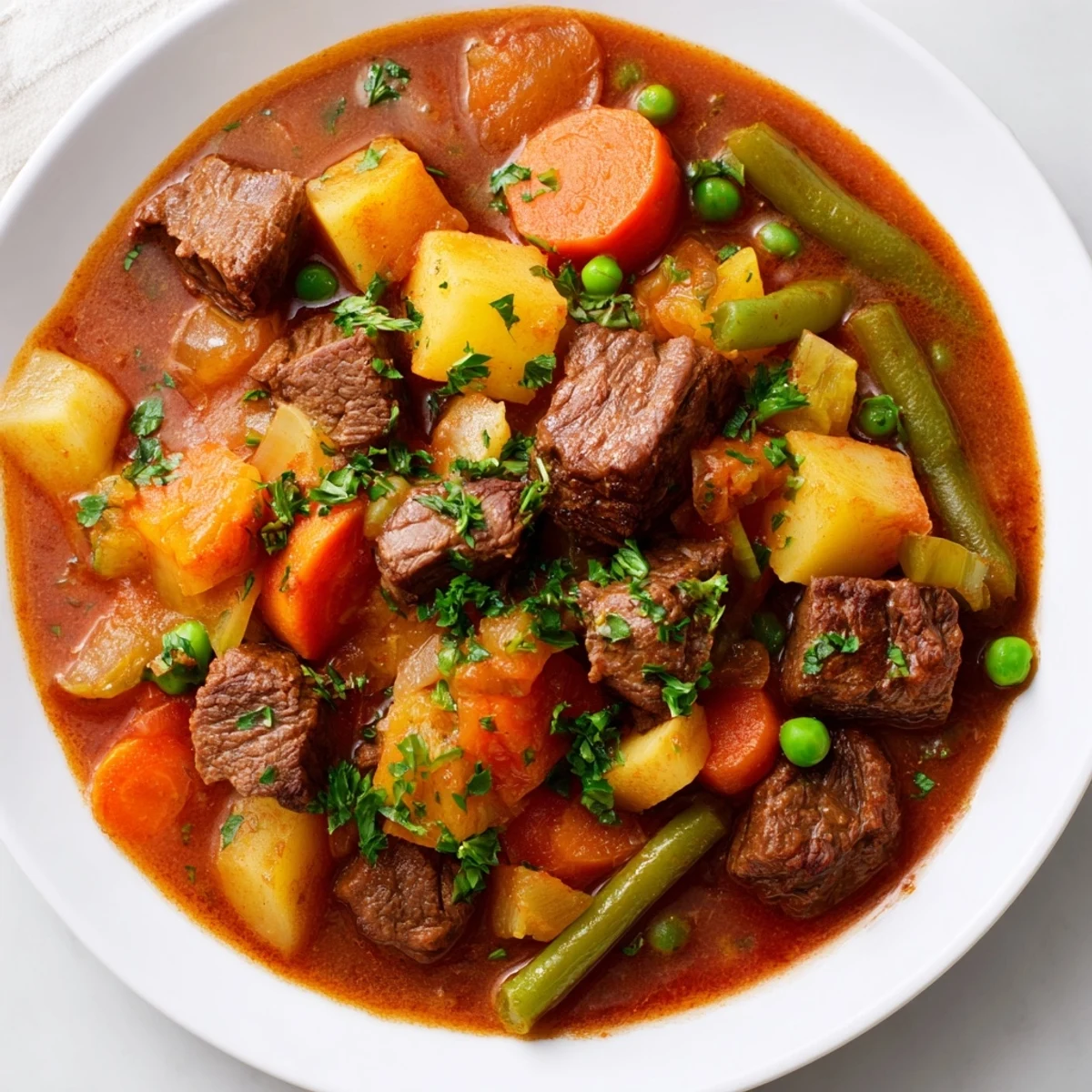 Close up of a pressure cooker brimming with rich, savory beef and vegetable stew ready to eat.