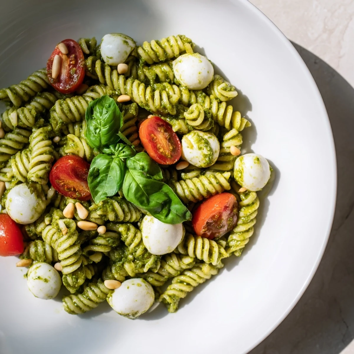 Vibrant cold pasta salad with pesto, mozzarella, and cherry tomatoes, ready for a picnic.