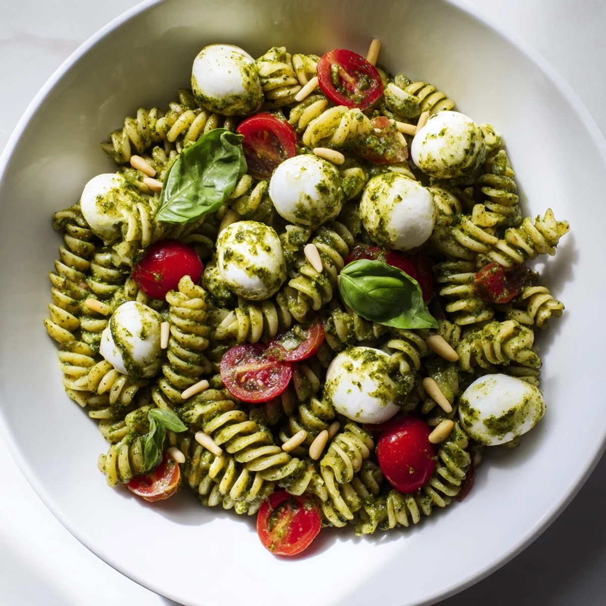This refreshing cold pasta salad with pesto, mozzarella, and juicy tomatoes is perfectly drizzled.