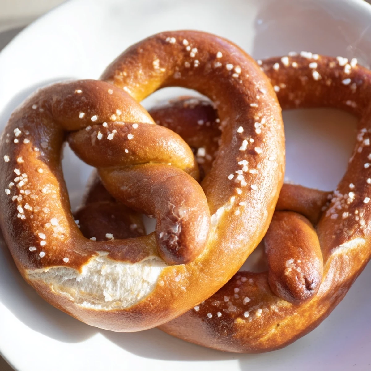 Warm, chewy homemade soft pretzels, golden and glistening, ready for a dip of mustard.