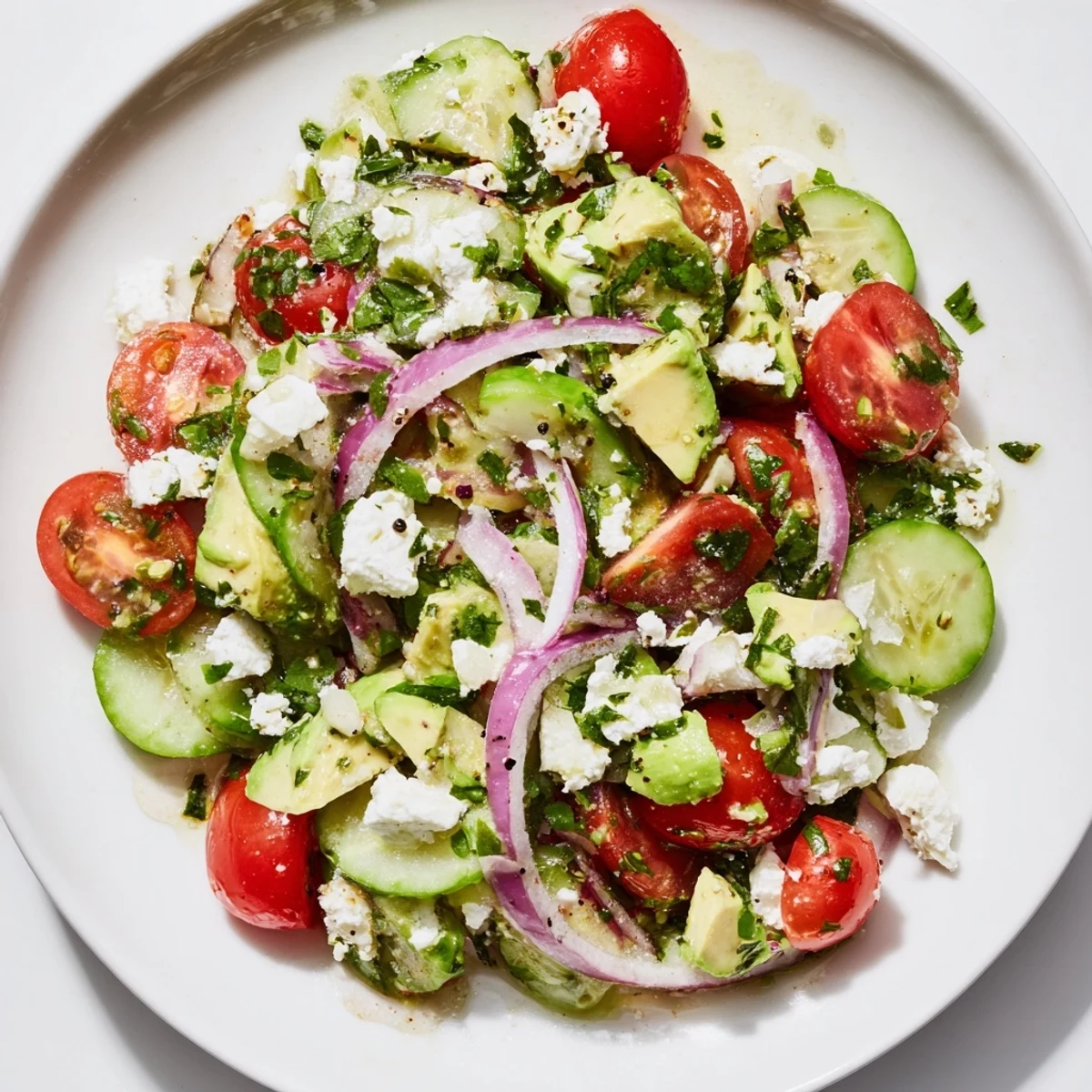 Fresh Cucumber Tomato Avocado Salad with feta, a colorful, refreshing salad, ready to enjoy.