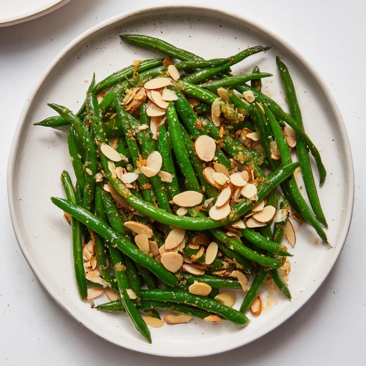Crispy Sautéed Green Beans with Garlic and Almonds: a delicious vegetarian side dish ready to be served and enjoyed.
