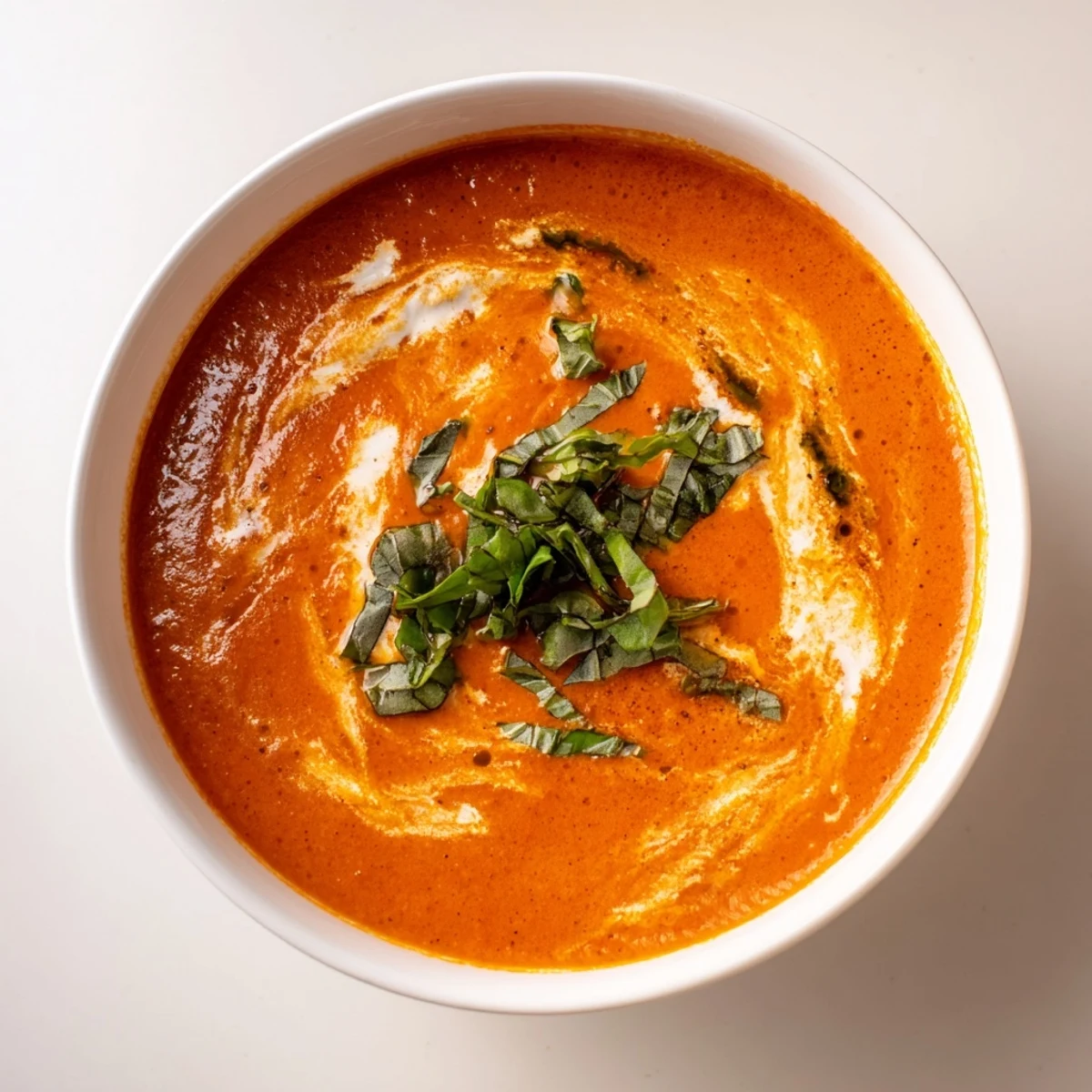 A steaming bowl of comforting homemade tomato and basil soup, garnished with fresh basil leaves.