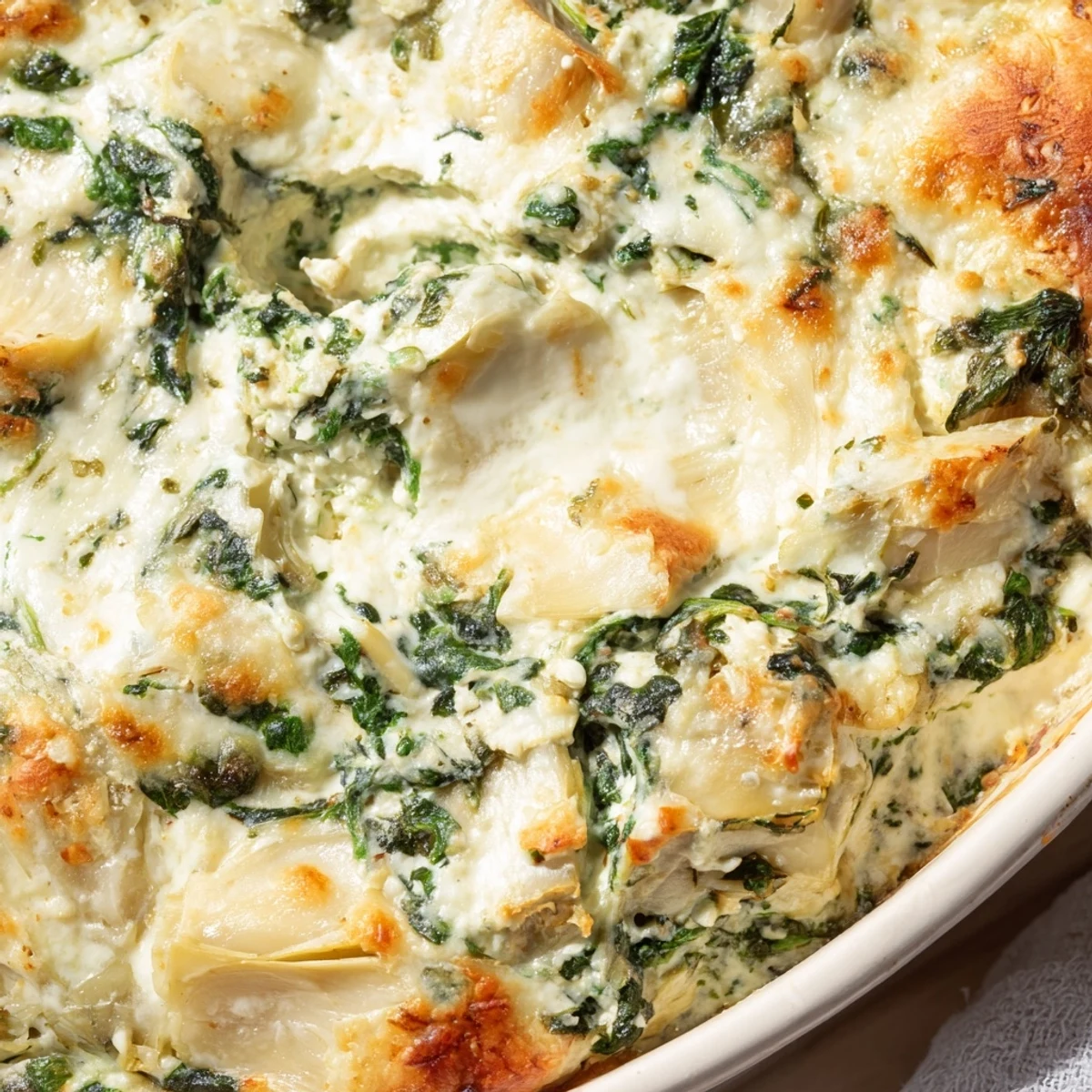 A bubbling, cheesy Warm Spinach and Artichoke Dip, perfect for dipping with crunchy crackers.