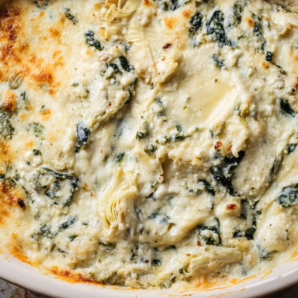 Warm Spinach and Artichoke Dip, a creamy appetizer, served hot with golden crusty bread.