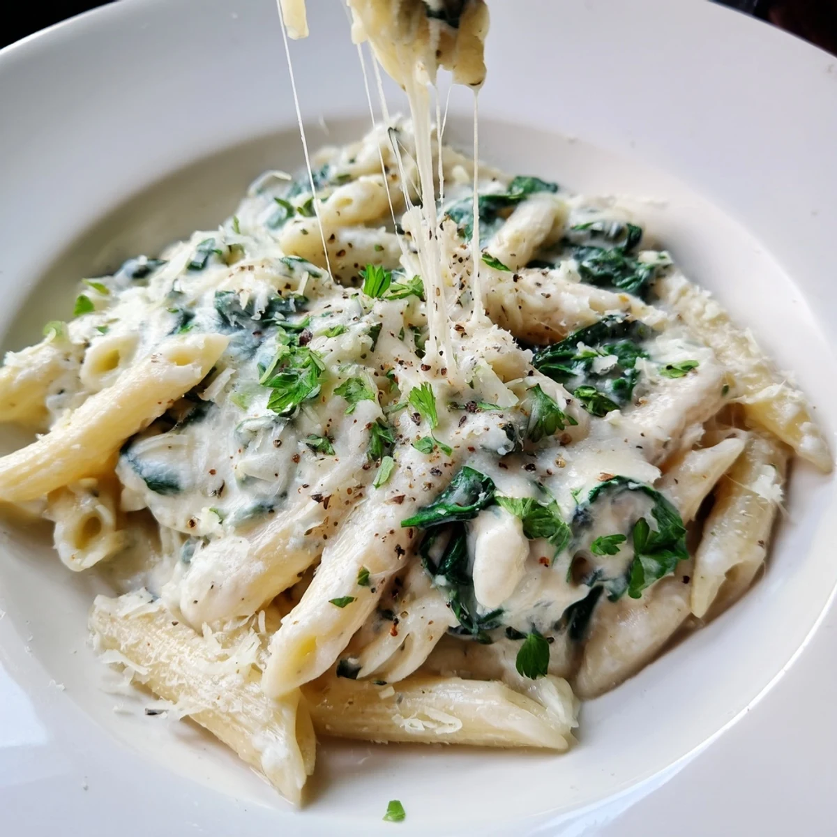 Steaming, one-pot Magic Casserole with creamy spinach and melted cheese for a savory dinner.
