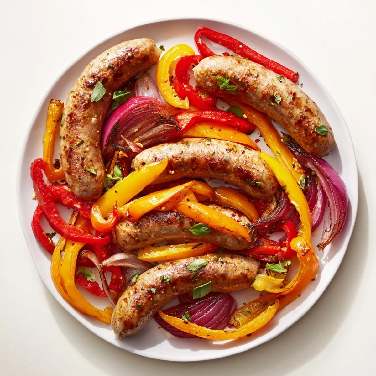 Sizzling sheet pan Italian sausage, peppers, and onions, roasted to tender perfection, ready to serve!