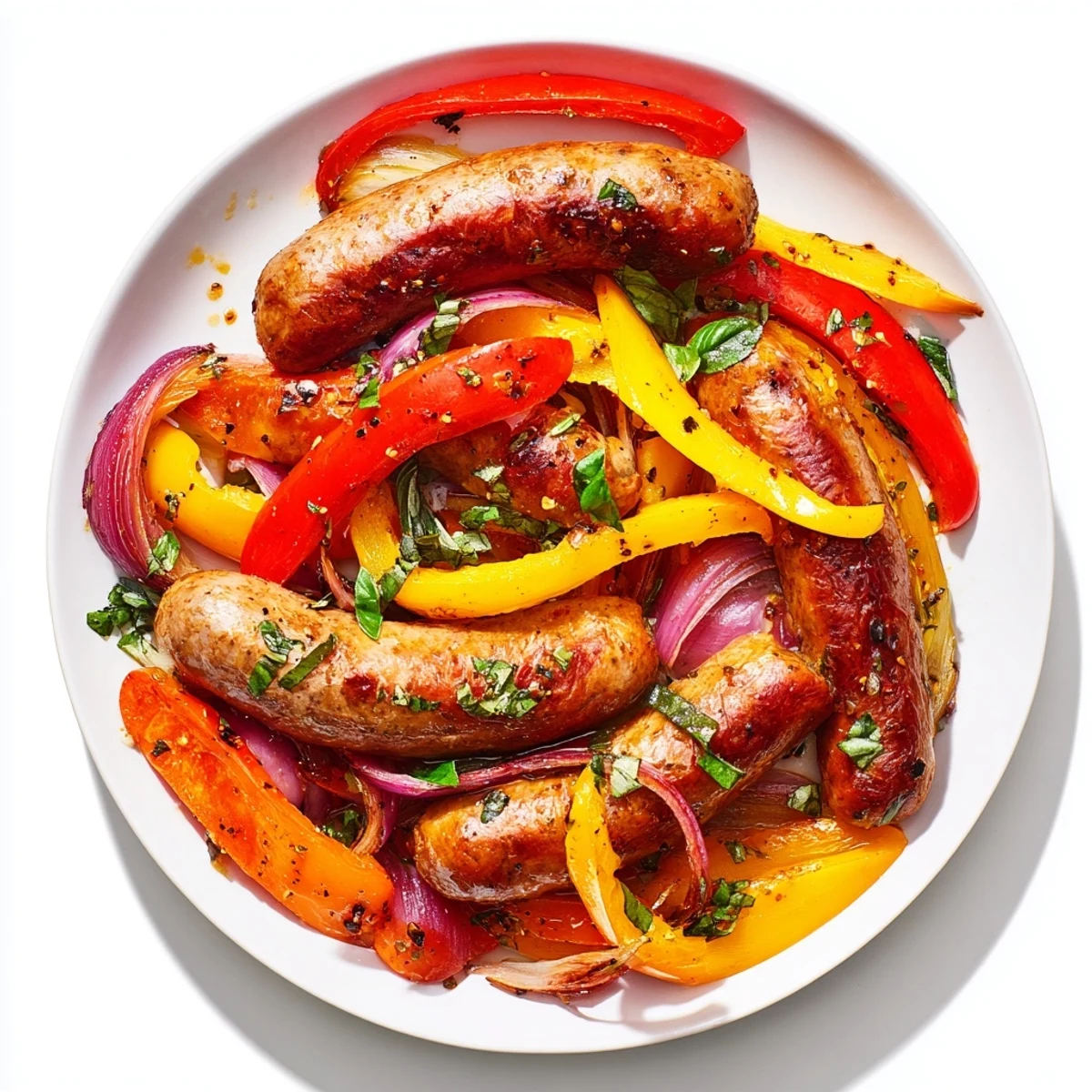 Golden-brown Italian sausages nestled amidst roasted peppers and onions, a perfect sheet pan meal.