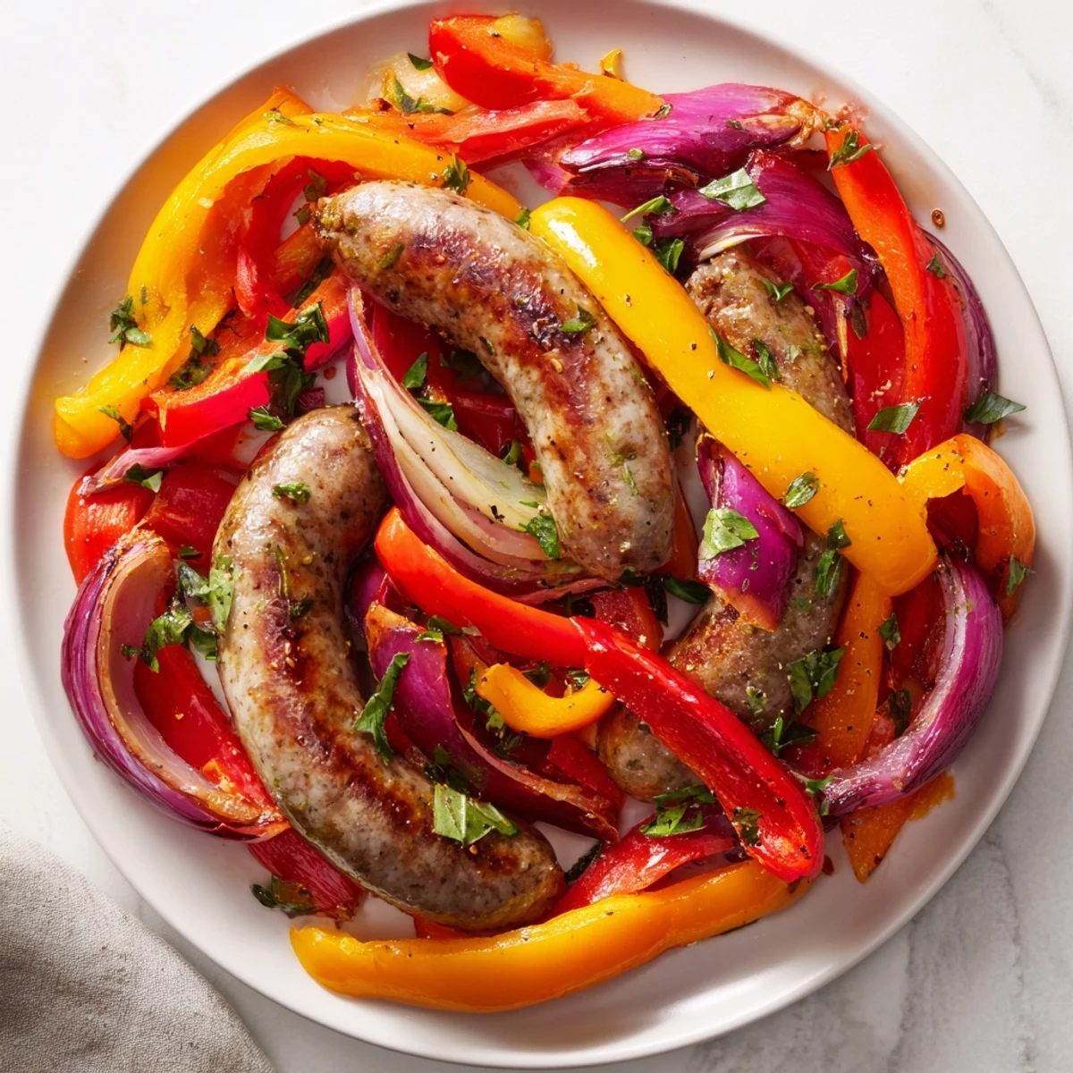 Vibrant image of easy sheet pan Italian sausage, peppers, and onions, smelling of delicious herbs.