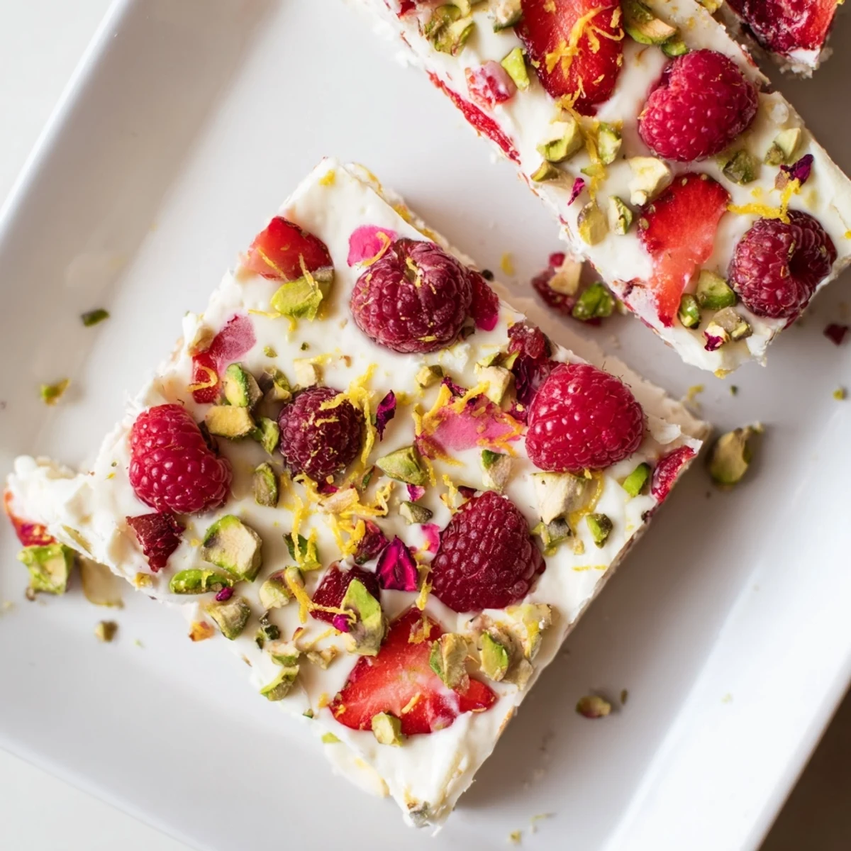 Creamy frozen yogurt bark studded with vibrant red berries, ready for a sweet, healthy treat.