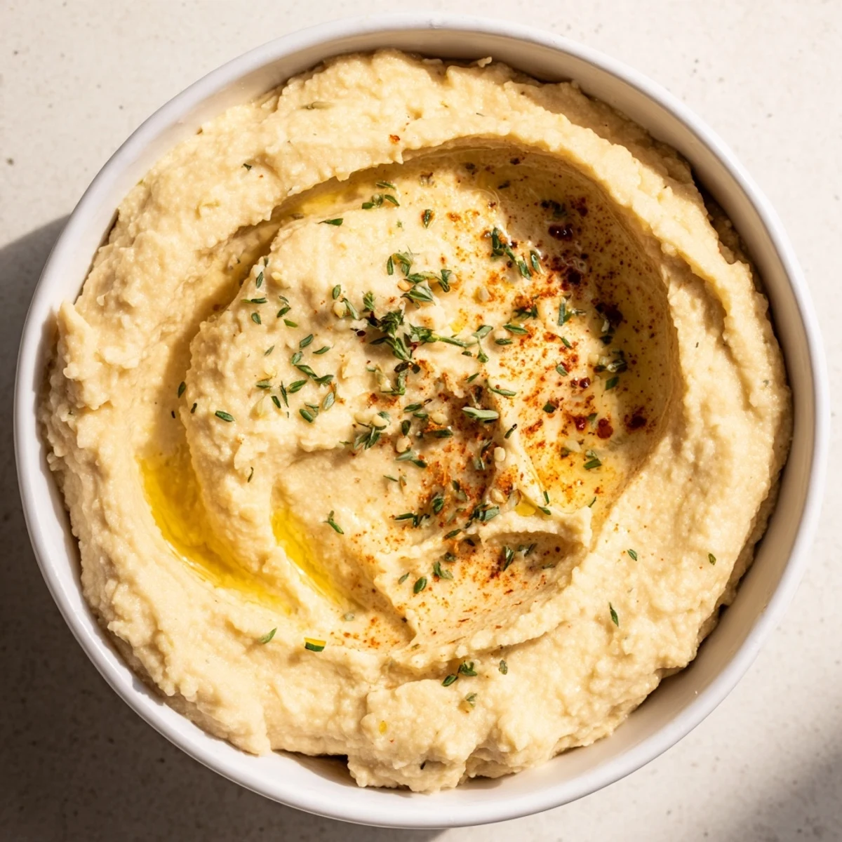 The bright yellow Perfect 5-Minute Homemade Hummus is drizzled with olive oil and sprinkled with paprika.