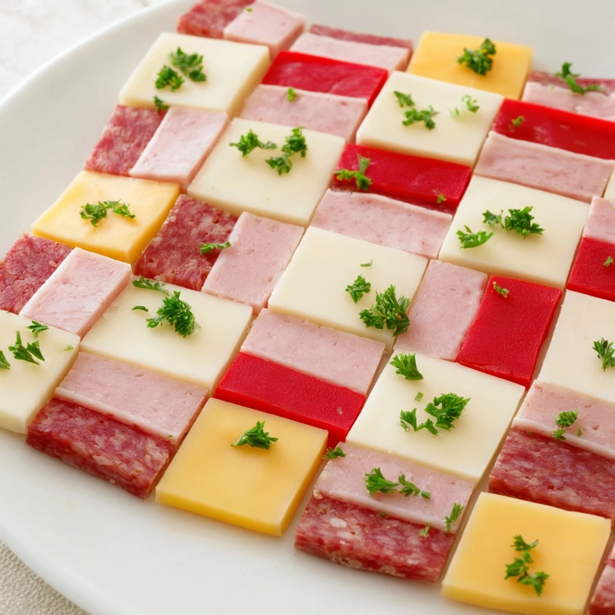 Colorful "Patchwork Quilt" appetizer with layers of meat, cheese, and mustard, ready to enjoy.