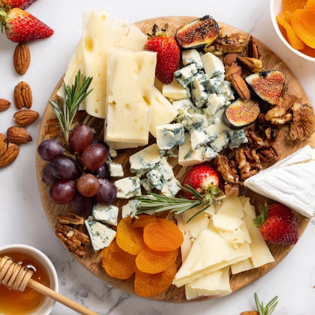 A bountiful Waterfall Edge Grazing Board spilling out vibrant fruits, cheeses, and crackers beautifully.