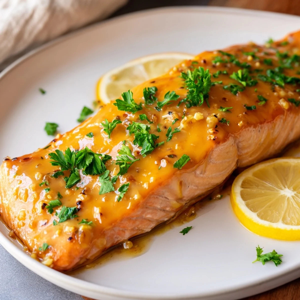 Honey mustard glazed salmon, seared golden brown, ready to enjoy with a burst of flavor.