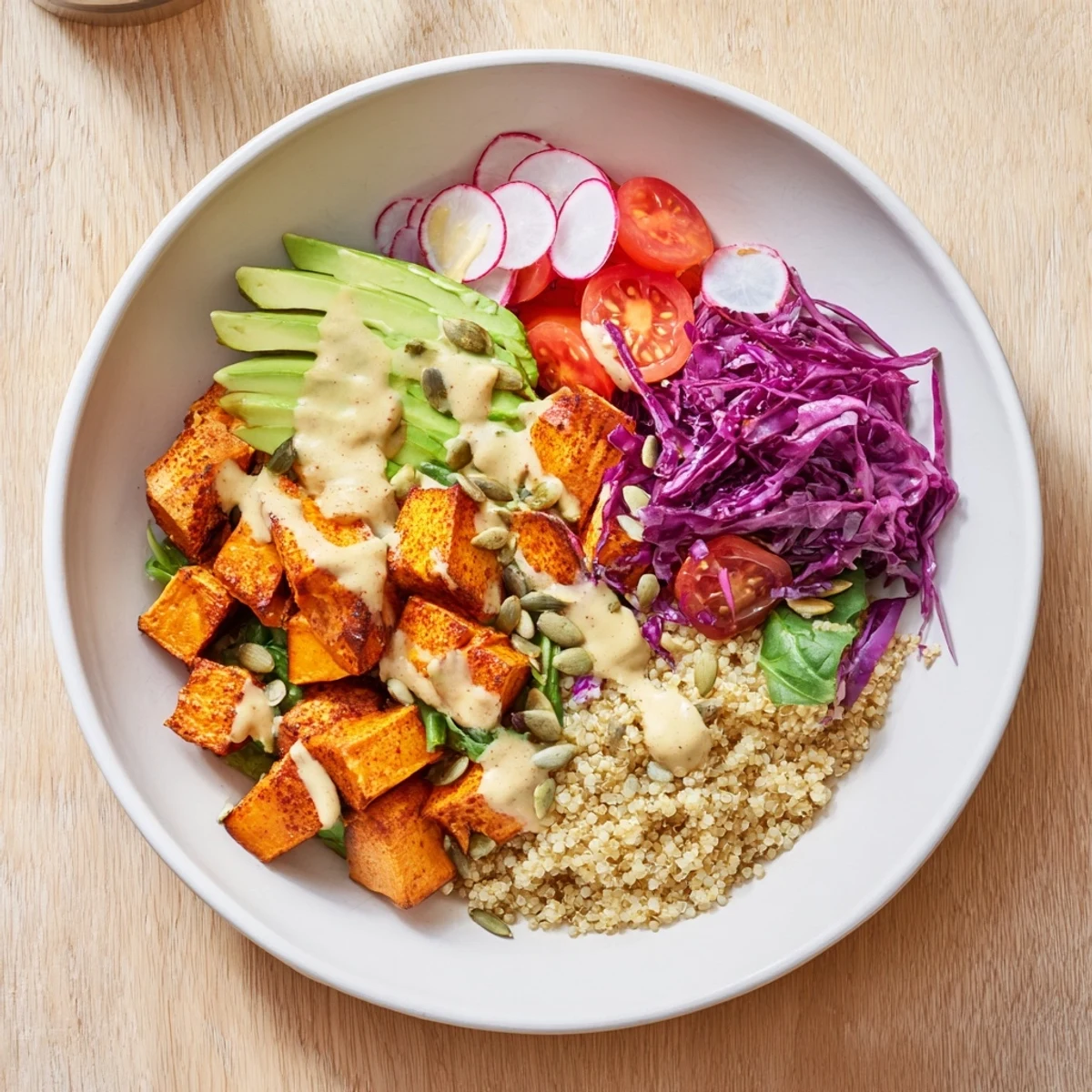 Vibrant complete veggie bowl, showcasing roasted sweet potatoes and quinoa drizzled with tahini vinaigrette.