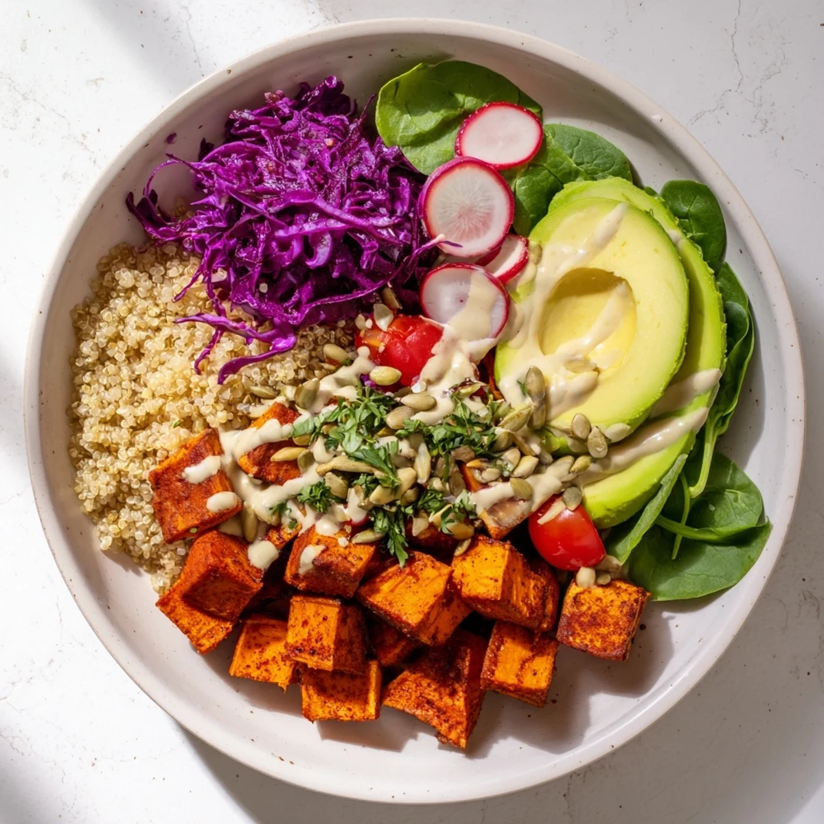 A satisfying complete veggie bowl with a medley of textures: fluffy quinoa and crisp veggies.
