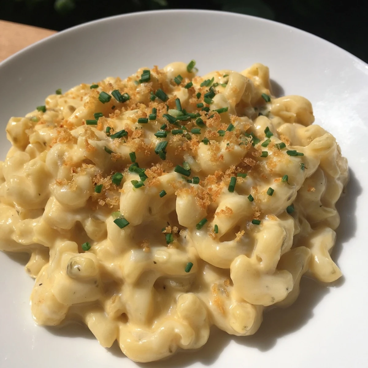 Golden Comfort Food mac and cheese, creamy and stovetop-cooked with melted cheddar cheese, ready to serve.