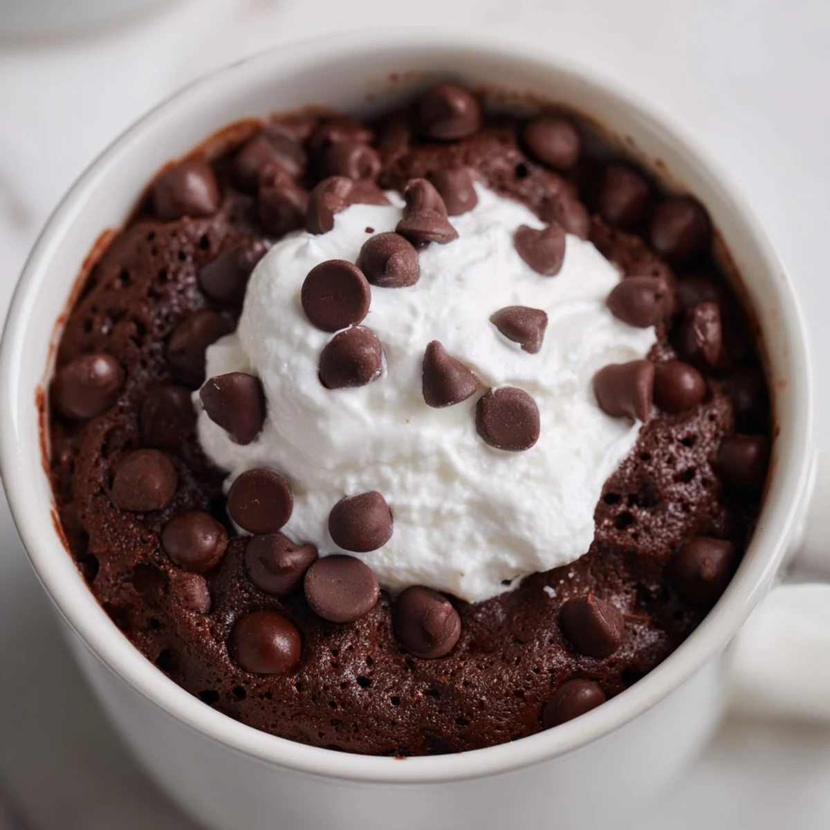 Steaming, rich chocolate mug cake topped with whipped cream, perfect for a quick American dessert.
