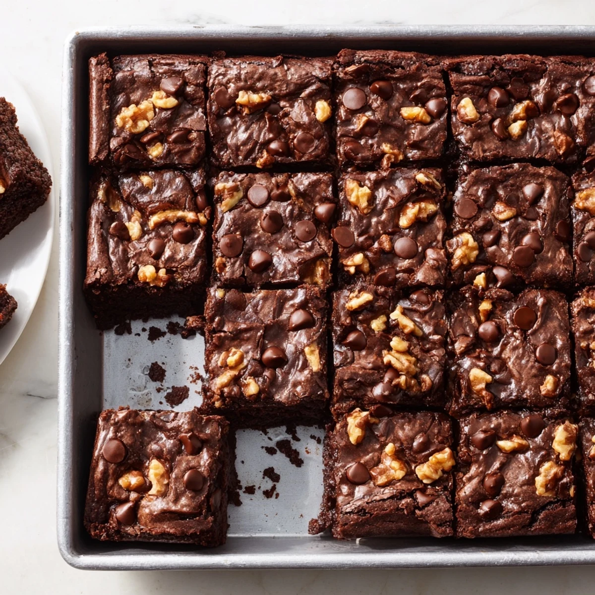 Warm, homemade Fudgy Walnut Brownies in One Baking Pan, rich and fudgy, studded with chocolate chips.