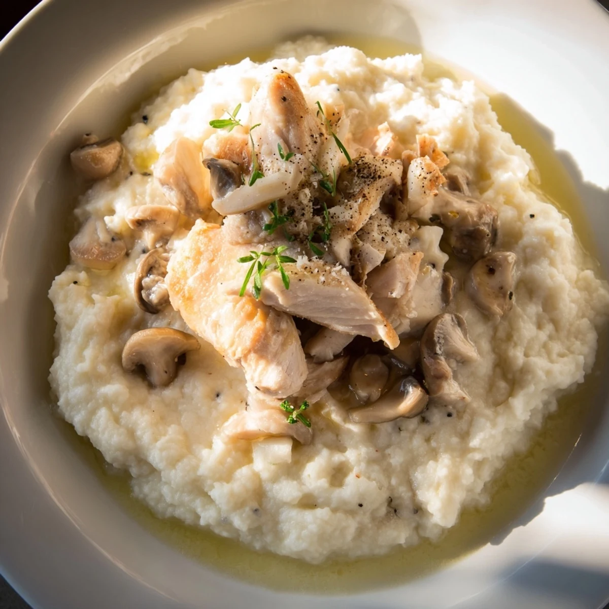 Imagine the Ghostly Gala: tender white chicken with pureed cauliflower and sauteed mushrooms.