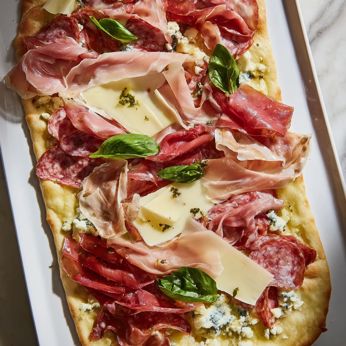 A rustic Raft appetizer boasts savory meats, cheeses and colorful accompaniments on artisan flatbreads.