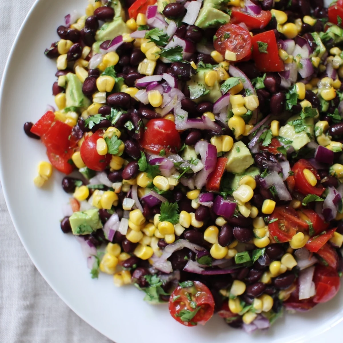 Close-up shot shows a Southwestern black bean and corn salad, ready to enjoy with a burst of flavors.