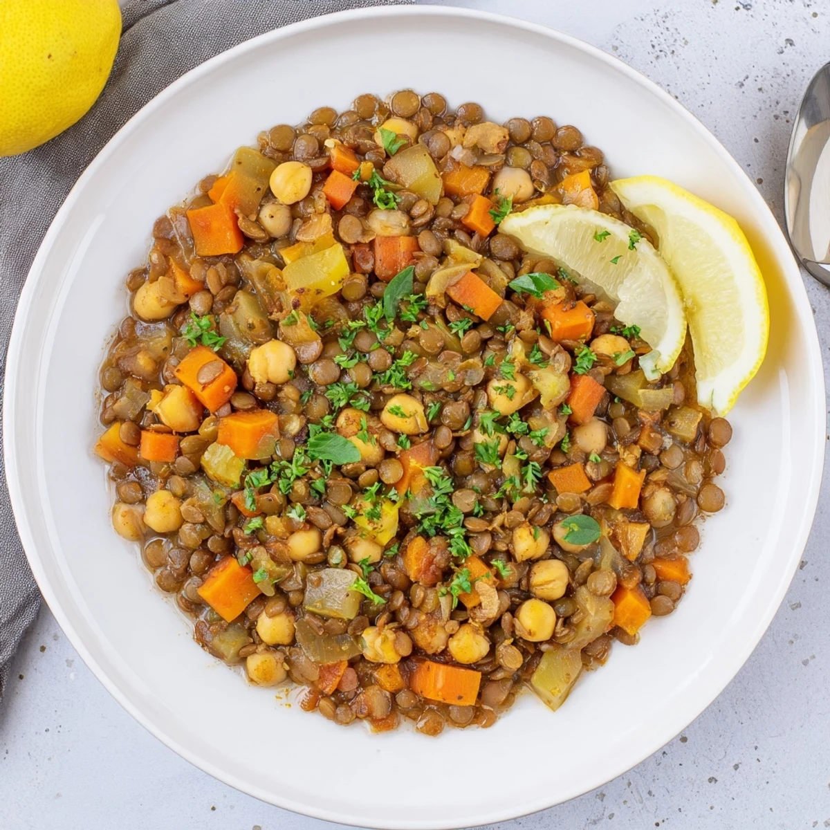 Steaming Middle Eastern Lentil and Chickpea Stew, brimming with fresh herbs and lemon wedges.