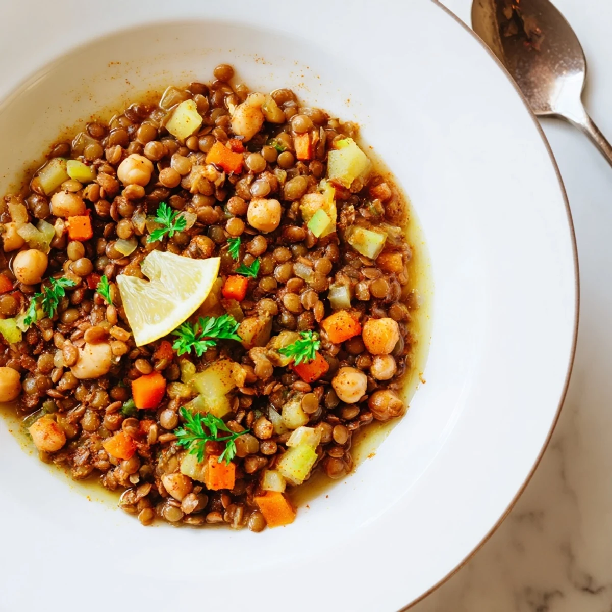Fragrant Middle Eastern Lentil and Chickpea Stew, a hearty vegan meal served with flatbread.