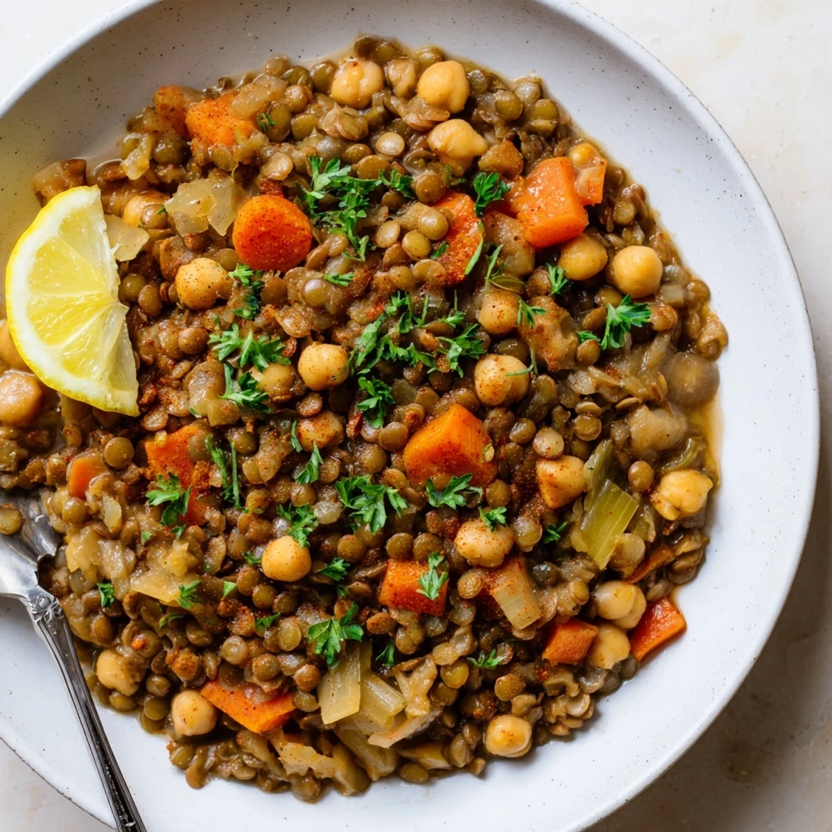 A close-up shot of a flavorful bowl of Middle Eastern Lentil and Chickpea Stew, ready to be enjoyed.