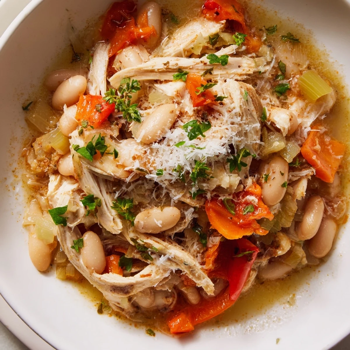 A warm bowl of White Bean and Roasted Red Pepper Chicken, garnished with fresh parsley.