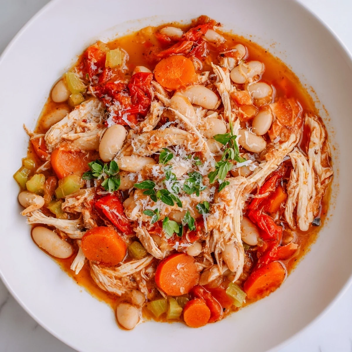 Spoonful of flavorful White Bean and Roasted Red Pepper Chicken, ready to be served with crusty bread.