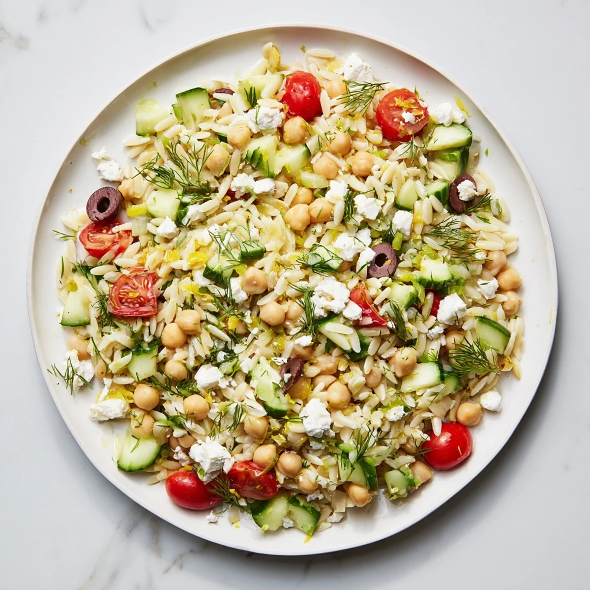 Close-up of a flavorful Greek Lemon-Orzo Bean Salad, perfect as a light, refreshing vegetarian lunch or side.