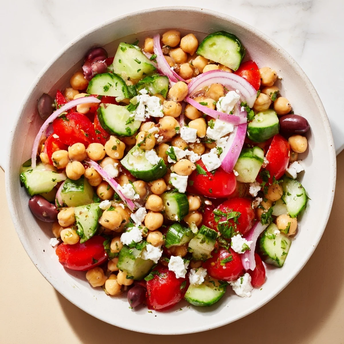 Mediterranean Chickpea and Feta Bowl, a colorful vegan meal featuring fresh vegetables and creamy feta.