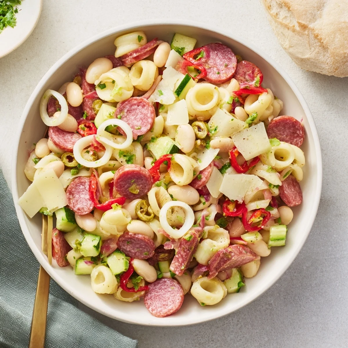 Hearty Italian Antipasto Bean Salad, a refreshing, flavorful appetizer with bright red tomatoes and green herbs.
