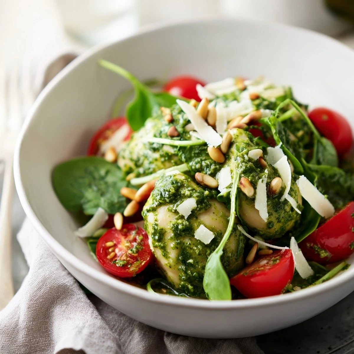 Pesto Chickpea and Spinach Salad featuring vibrant greens, juicy tomatoes, and creamy, flavorful chickpeas.