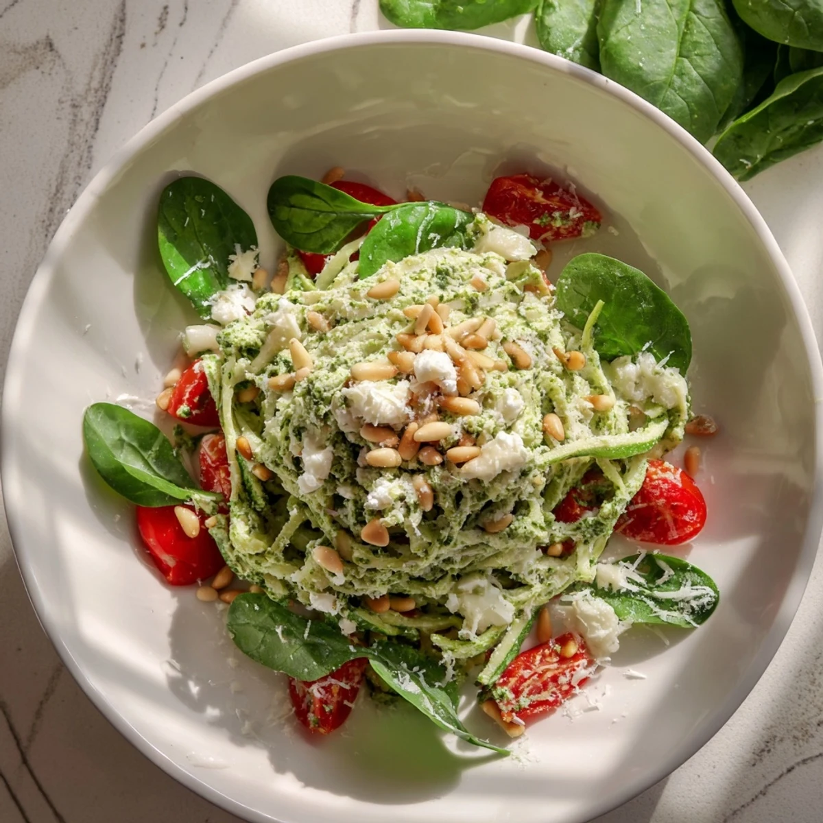 Imagine a close-up of this delicious Pesto Chickpea and Spinach Salad, beautifully tossed and ready to serve.