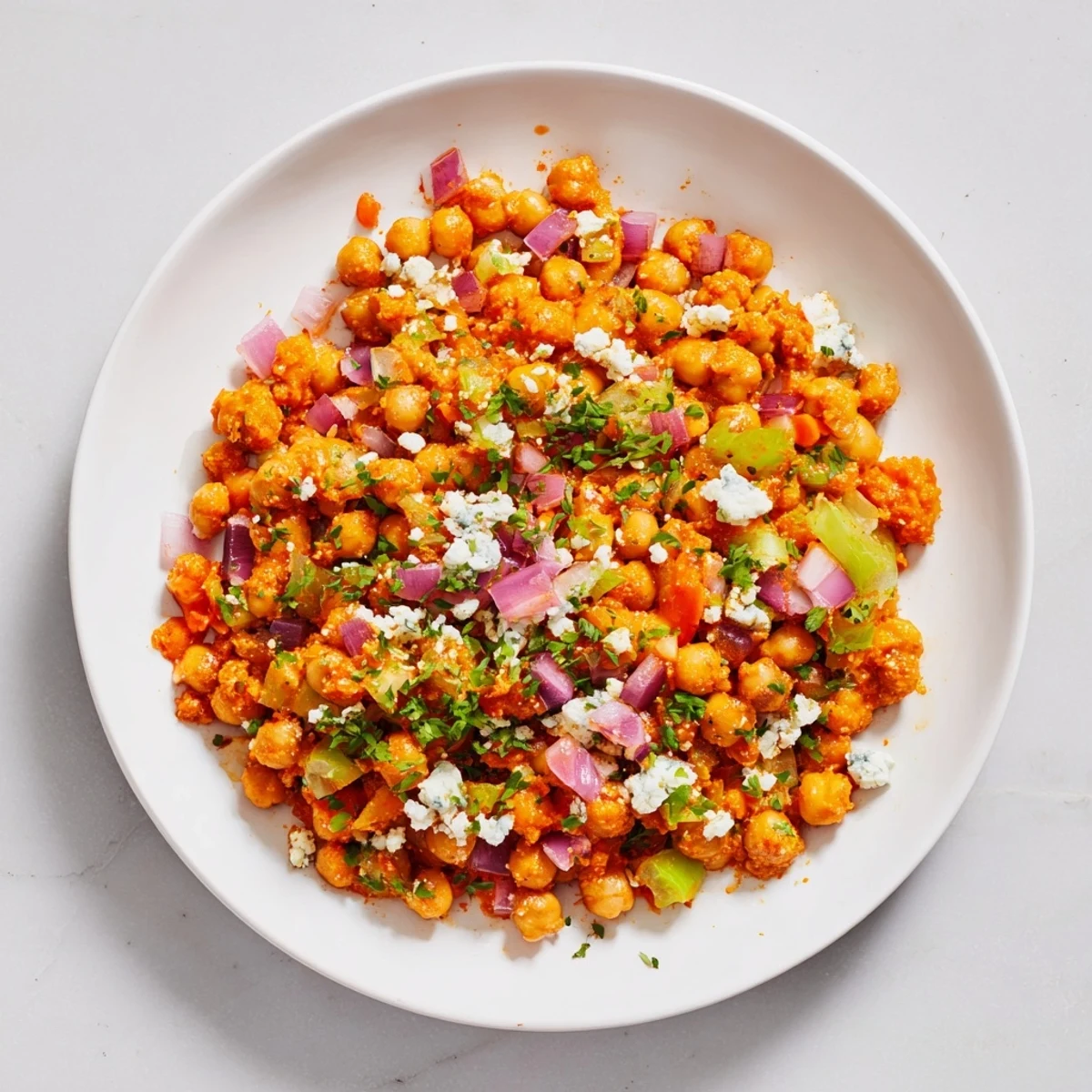 Vibrant buffalo chicken bean salad, a colorful mix of chickpeas, celery, and carrots tossed in spicy buffalo sauce.