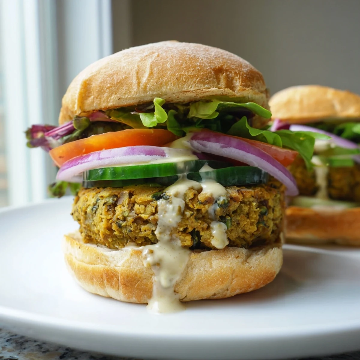 Delicious mini baked falafel sliders on a bun, ready to eat, with colorful toppings and a tantalizing sauce.