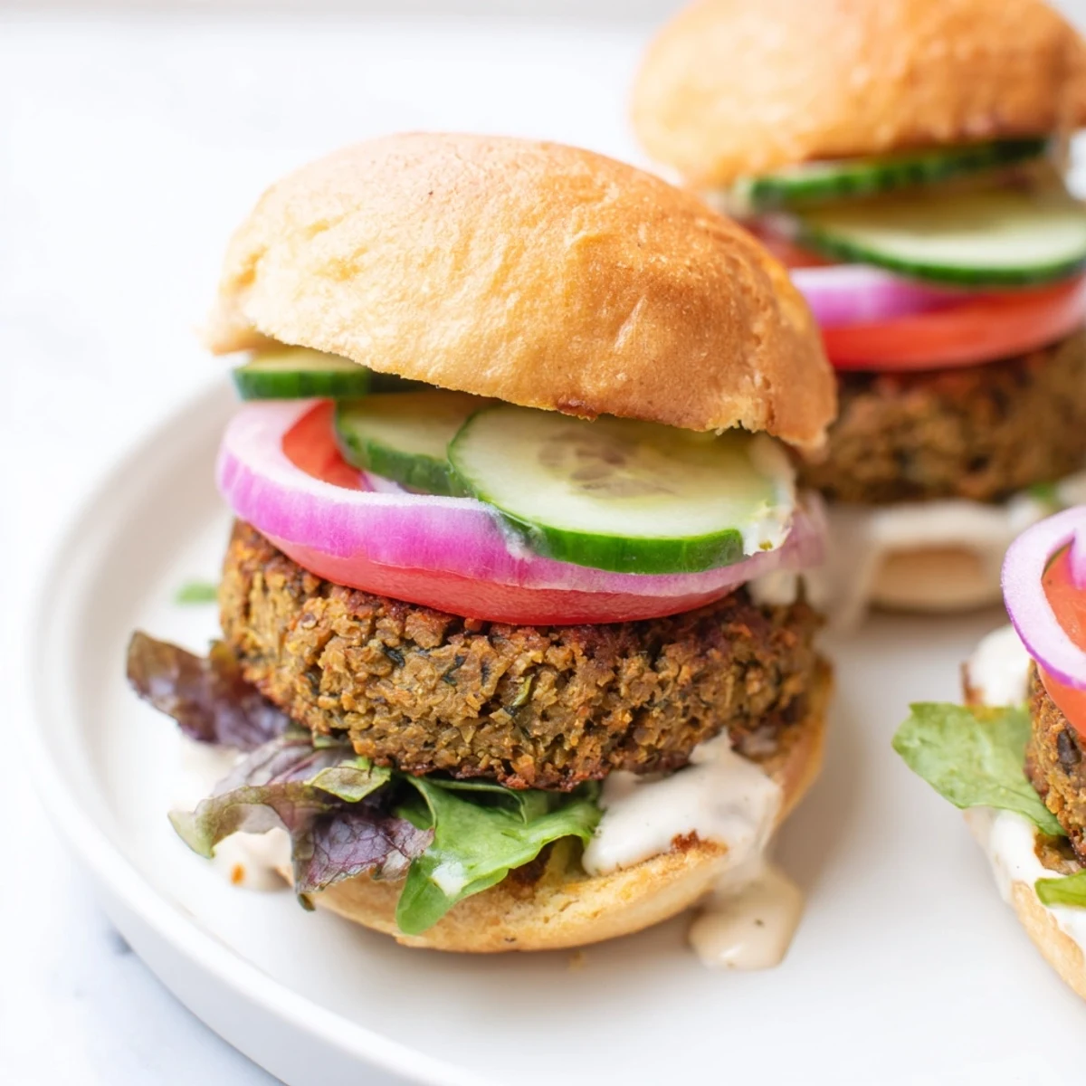 Golden-brown baked falafel sliders, stacked high with fresh veggies and drizzled tahini sauce for a perfect bite.