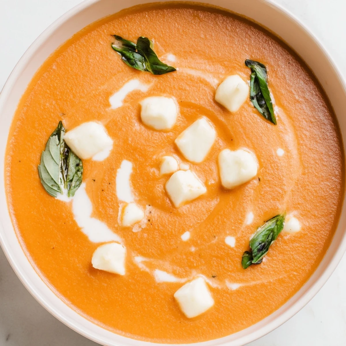 Hot bowl of Creamy Tomato Mozzarella Soup, garnished with basil, ready to serve and enjoy.