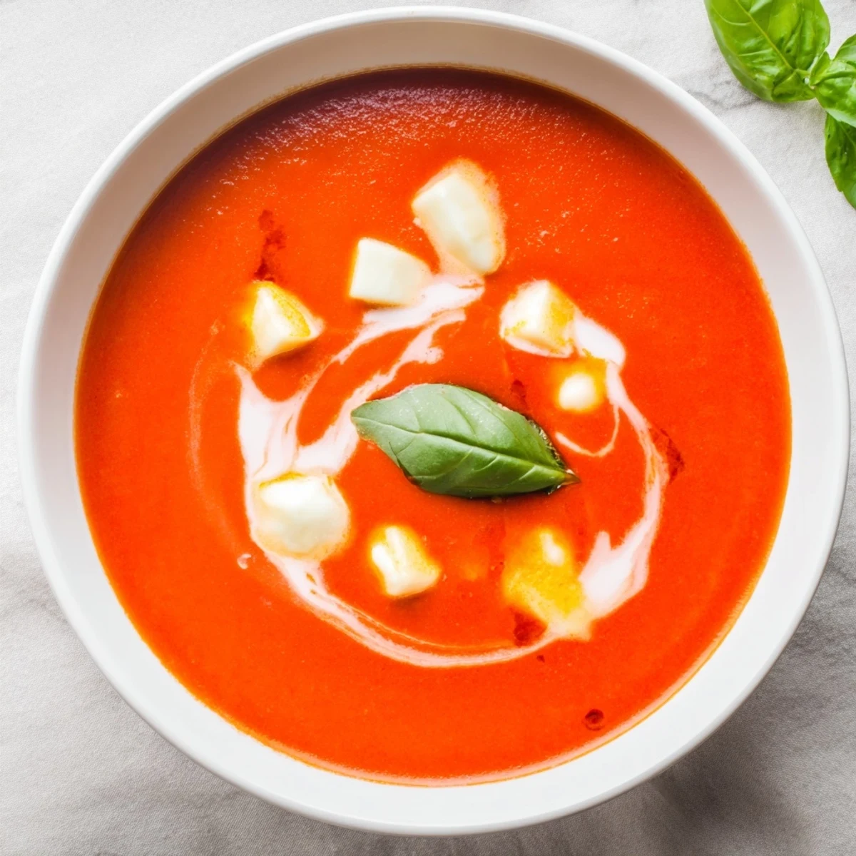 A close-up of a creamy and delicious Creamy Tomato Mozzarella Soup, perfect for a cozy dinner.