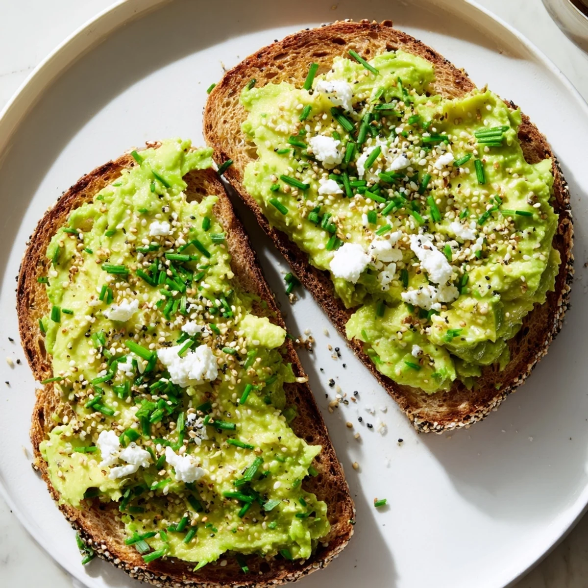 This vibrant photo shows avocado toast with everything, a vegetarian delight, ready to eat with a sprinkle.