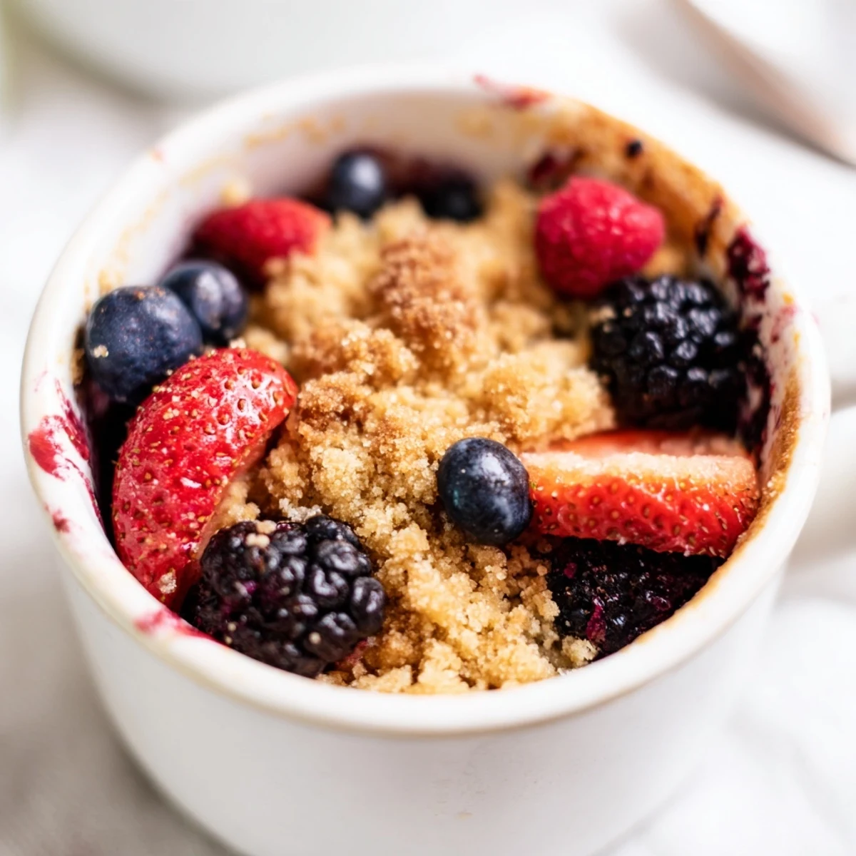 A close-up of a Mixed Berry Cobbler Mug Cake, showcasing plump berries under a fluffy topping.