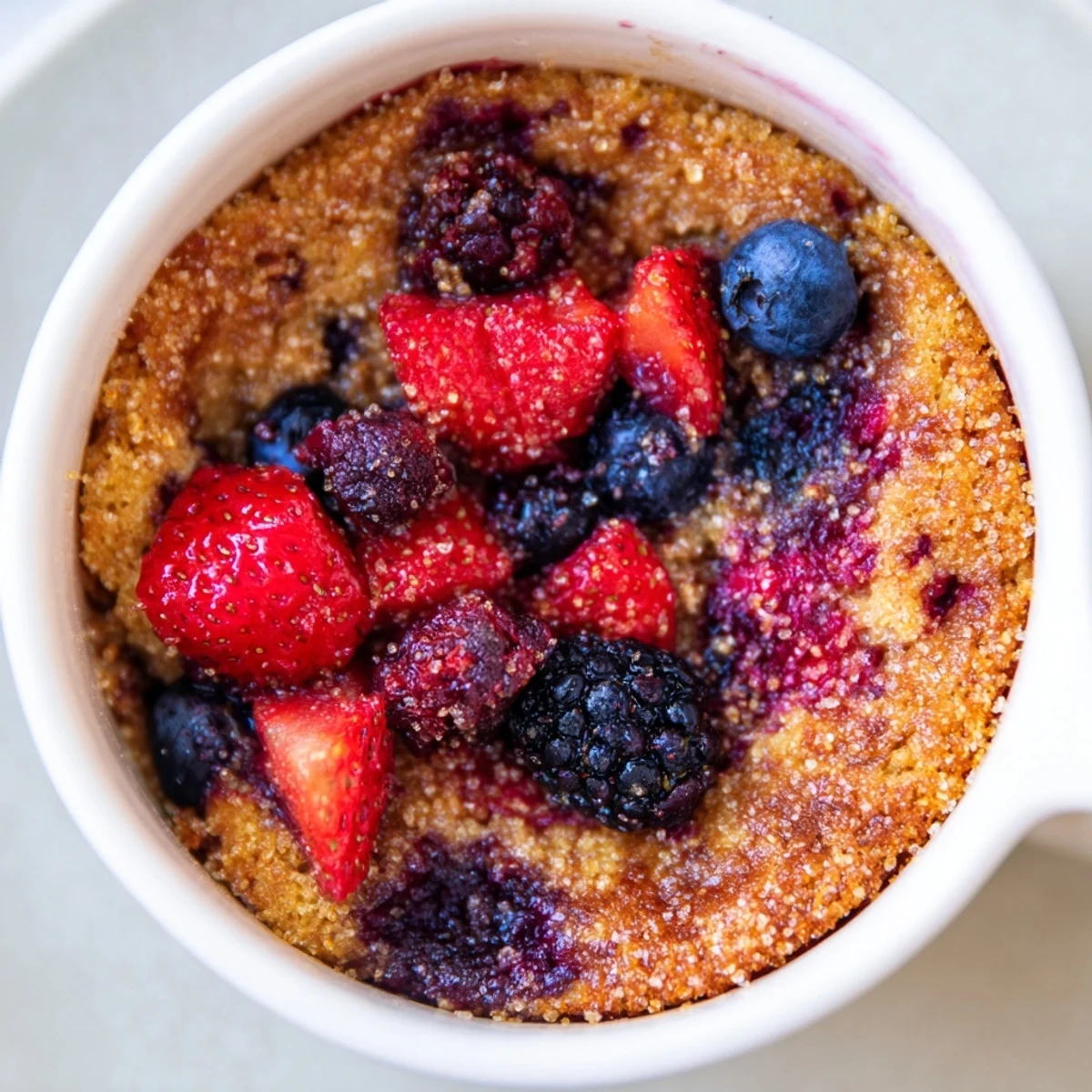 Mixed Berry Cobbler Mug Cake, warm and bubbly, showing a golden crust over vibrant berries.