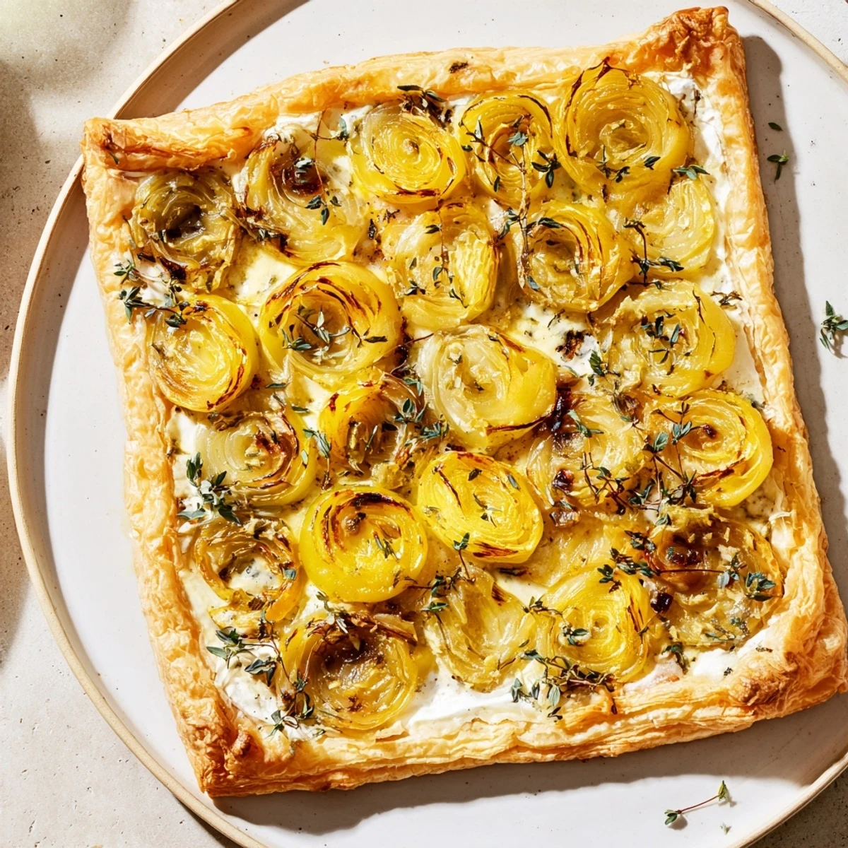 Golden, crusty Caramelized Onion Tart with rich, bubbling onions and Gruyère cheese topping.